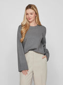 VICASSIE O-NECK L/S KNIT TOP - MEDIUM GREY MELANGE
