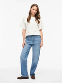 VIMONIE EMB O-NECK S/S/RN - SNOW WHITE/EMB FLOWER