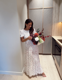 VIGREIS S/S O-NECK ANKLE DRESS SNOW WHITE PINK FLOWERS