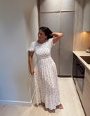 VIGREIS S/S O-NECK ANKLE DRESS SNOW WHITE PINK FLOWERS
