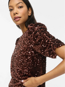 VIBELIEVE O-NECK PUFF SHORT DRESS - COFFEE BEAN
