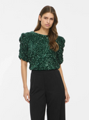 VIBELIEVE O-NECK PUFF SEQUINS TOP - PINENEEDLE