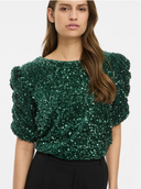 VIBELIEVE O-NECK PUFF SEQUINS TOP - PINENEEDLE