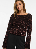 VIFAITH BOAT NECK L/S SEQUIN TOP - COFFEE BEAN