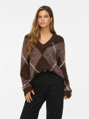 VITOLISE V-NECK L/S CHECK KNIT TOP/TES - COFFEE BEAN/DARK NATUR