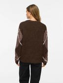 VITOLISE V-NECK L/S CHECK KNIT TOP/TES - COFFEE BEAN/DARK NATUR