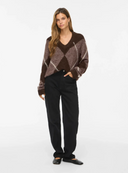 VITOLISE V-NECK L/S CHECK KNIT TOP/TES - COFFEE BEAN/DARK NATUR