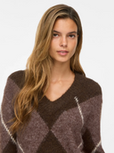 VITOLISE V-NECK L/S CHECK KNIT TOP/TES - COFFEE BEAN/DARK NATUR
