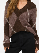 VITOLISE V-NECK L/S CHECK KNIT TOP/TES - COFFEE BEAN/DARK NATUR